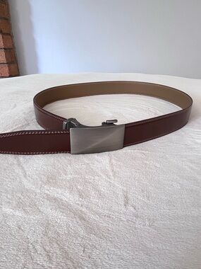 Men's Brown Leather Dress Belt with Brushed Metal Buckle